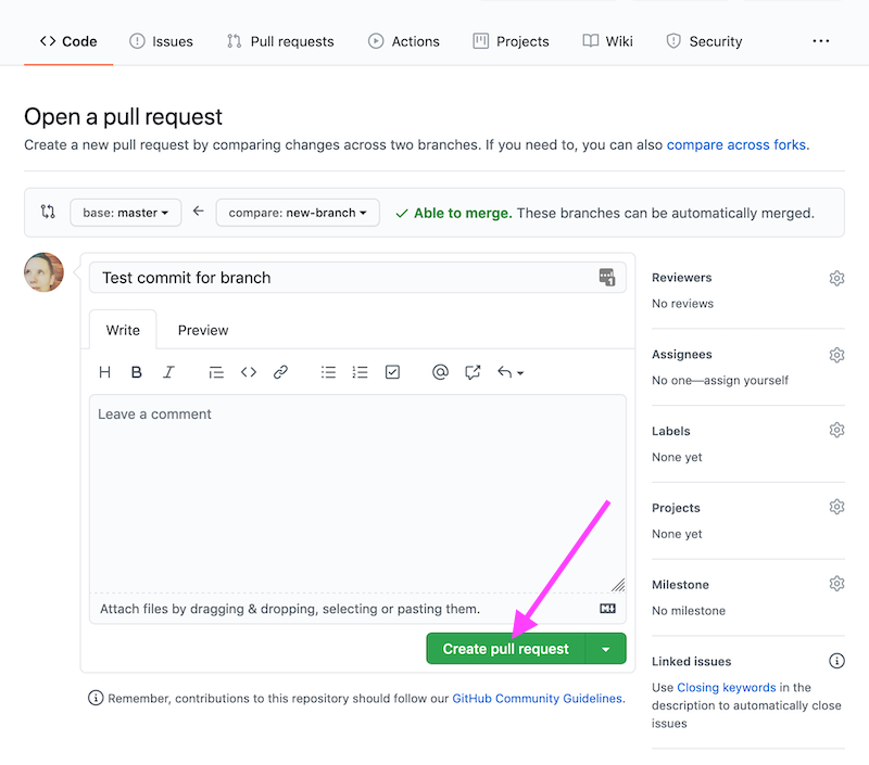 Screenshot of a new pull request on GitHub.com