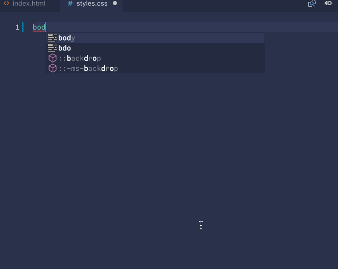 Animated screen capture of autocompletion in VS Code.