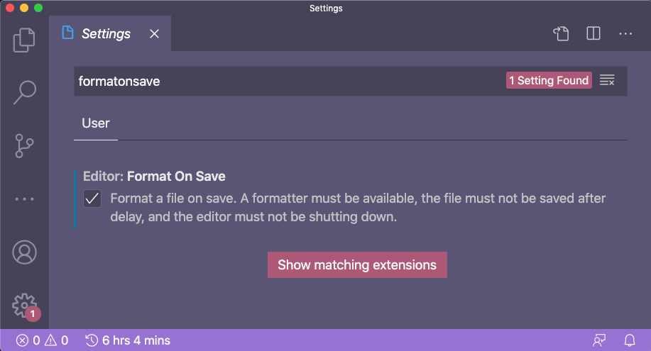 Screenshot of the format on save setting in VS Code.