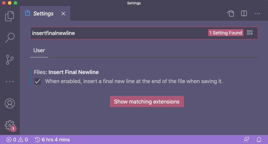 Screenshot of the insert final newline setting in VS Code.