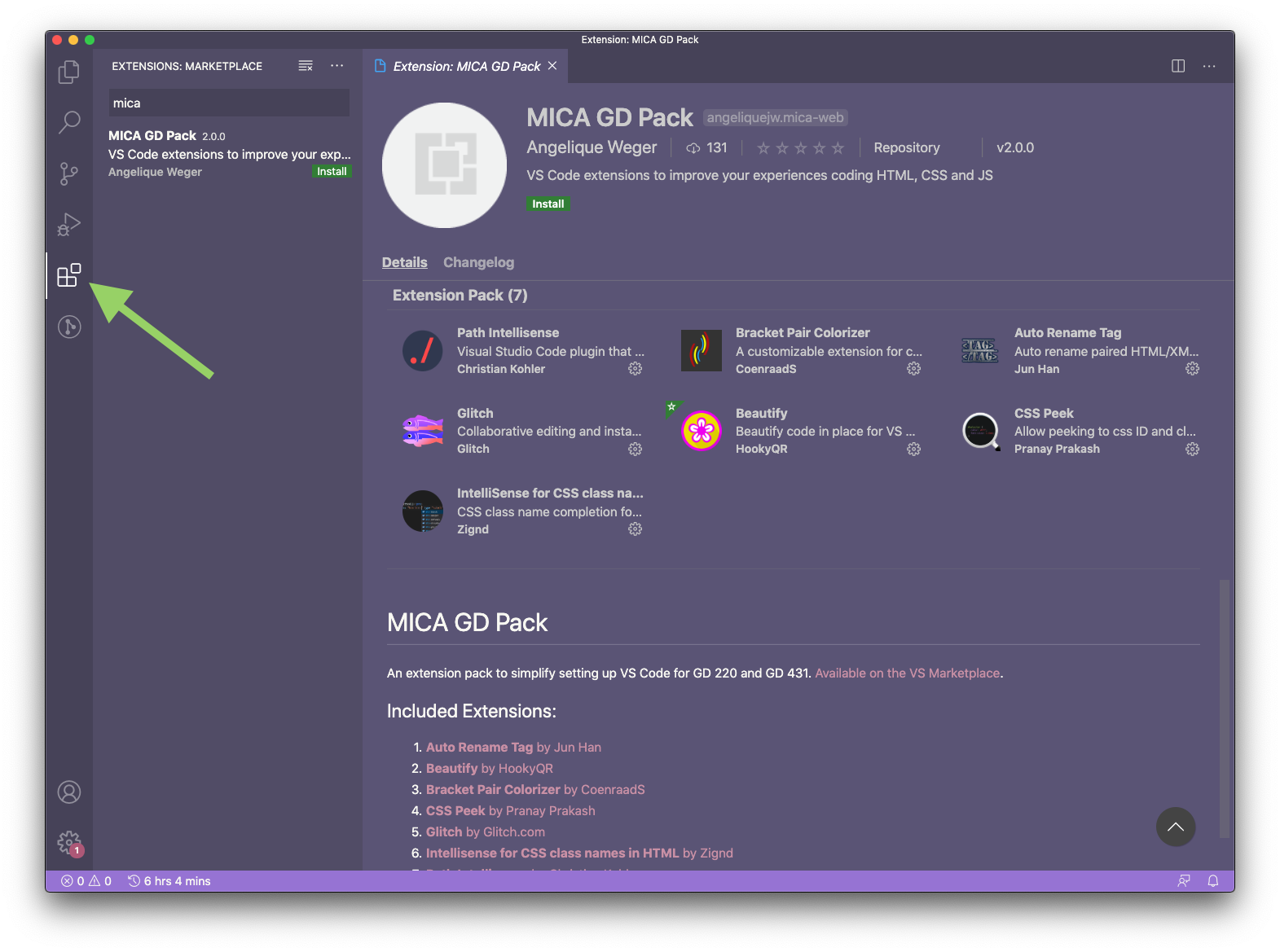 Screenshot of the MICA GD Pack extension from inside of VS Code with the Extensions icon identified.