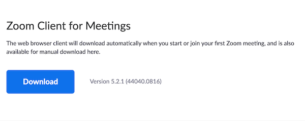 Screenshot of the download section for the Zoom Client for Meetings.